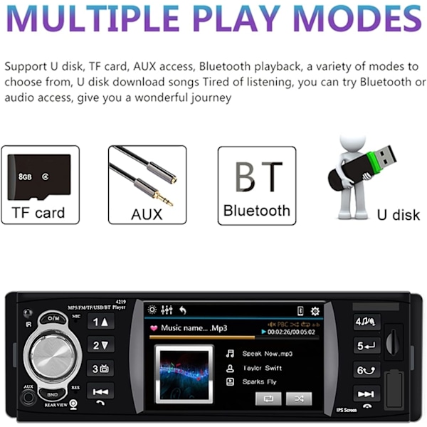 Biladapter 1 Din 4,1 tums bilradio Bluetooth 4,2 Fjärrkontroll Flerfärgad belysning Audio Video MP5-spelare TF USB Bilstereo Snabbladdning