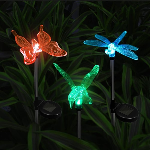 Anordsem Solar Lampor for Outdoor Garden, 3st Color Change Garden Decoration, Dragonfly Hummingbird Butterfly Solar Bar Lights for Garden, Balkong och