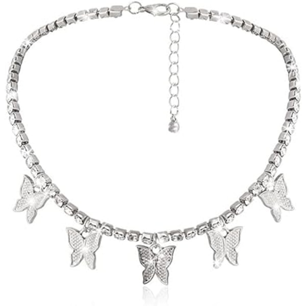 Retro Crystal Butterfly Hänge Halsband Choker Bling Butterfly Tofsar Hip Hop Smycken Nyckelben Hoop Present för kvinnor Flickor