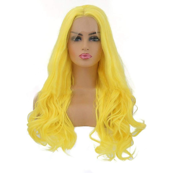Hårförlängningar Fashian Halloween Peruk Kvinna Front Spets Lång Roll Gul Big Wave Makeup Klänning Peruk Rekvisita (Färg: Gul, Storlek: 20 tum)