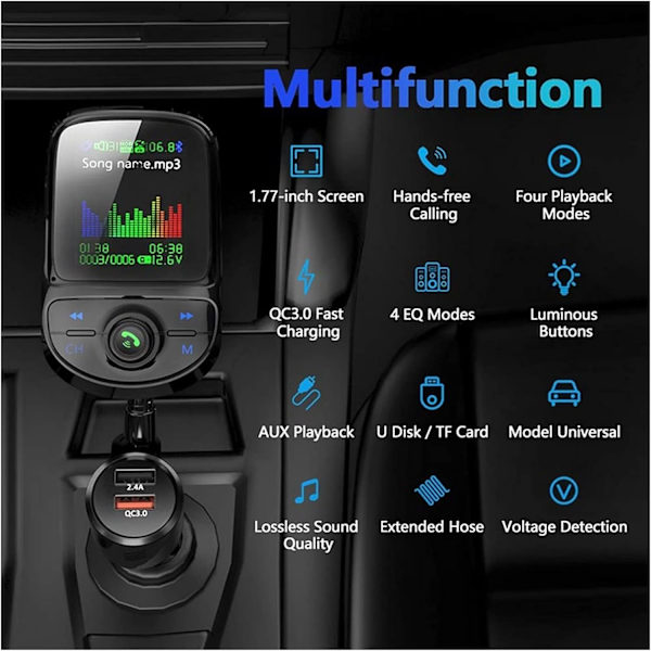 Biladapter Bil FM-sändare Färg Bluetooth 5.0 trådlös modulator Mp3-spelare QC 3.0 Dubbel USB -laddare Röstsändning Bluetooth