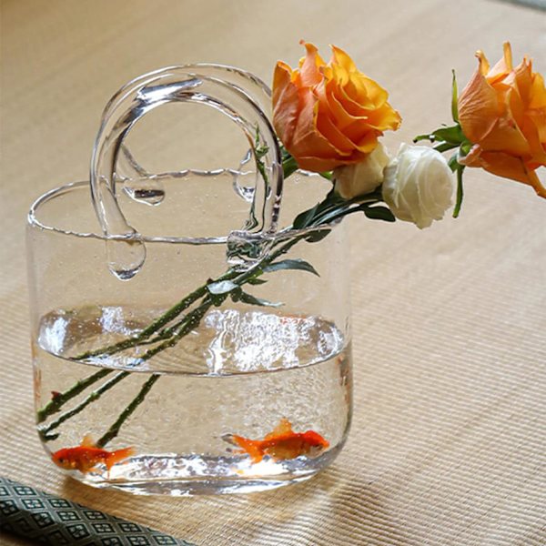 Glasvaser Fiskskål, handväska formad blomstervas Heminredningsdetalj, handgjorda glaspåsvassamling, cool och söt vas (blå)