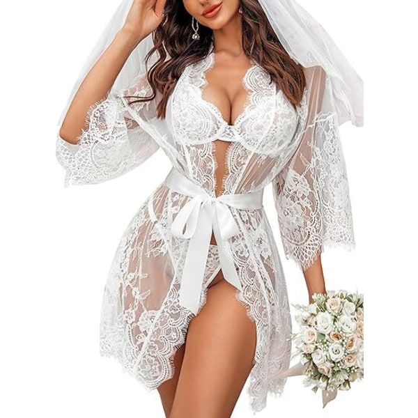 Damspets Kimono Robe Babydoll Underkläder Mesh Nattlinne White M