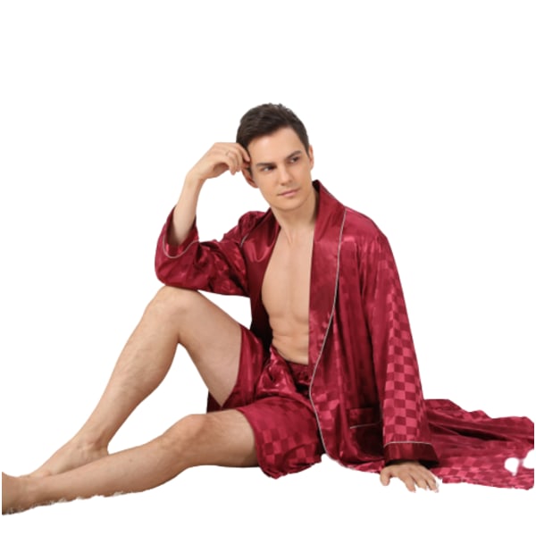 Mænds silkebadekåbe i to dele med firkantet, langærmet badekåbe Burgundy 2XL