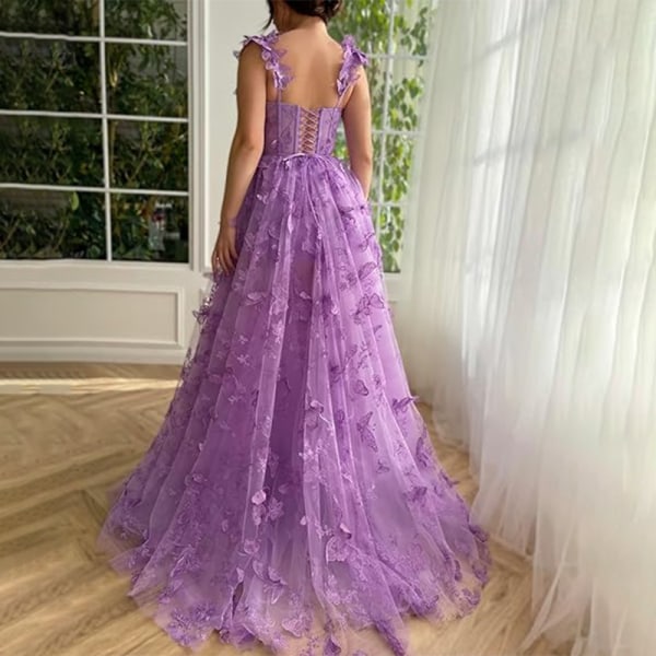 3D Butterfly Tulle Gallakjole til Kvinder, Blonder Applikation Prinsesse Gallakjole PURPLE 8