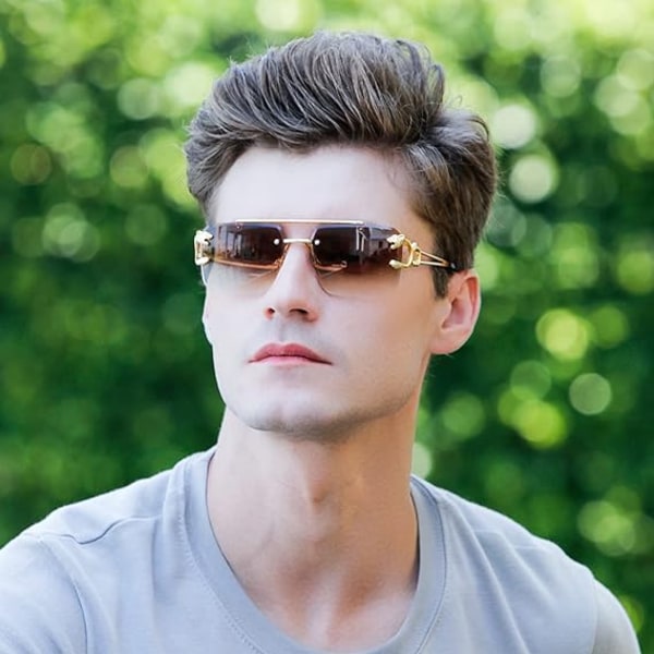Båglösa solglasögon för män Square Fashion Shades tonad lins Brown