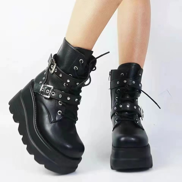 Dame Platform Støvler Punk Snørebånd Combat Støvler 42