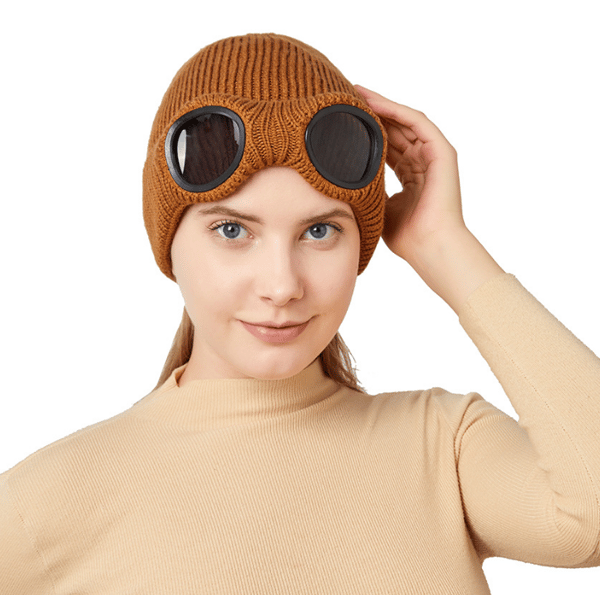 Unisex Goggle Stickad Mössa Vindtät Cap brown