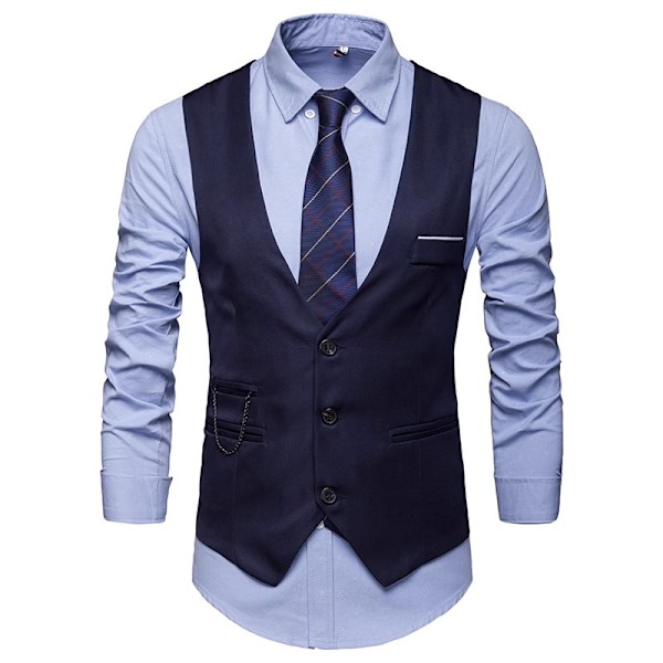 Herrar Slim Fit Formell Väst Casual Business Klädväst Navy Blue L