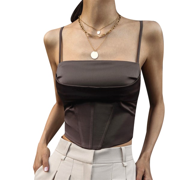 Spaghetti Strap Linne Sexig Backless Bandage Skinny Crop Tops brown L