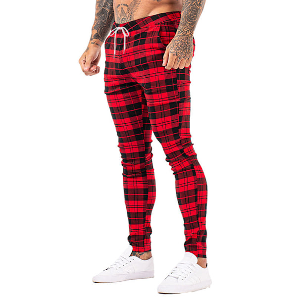 Mænds Chino Bukser Skinny Fit Plaid Stilfulde Casual Business Dress Bukser Red S