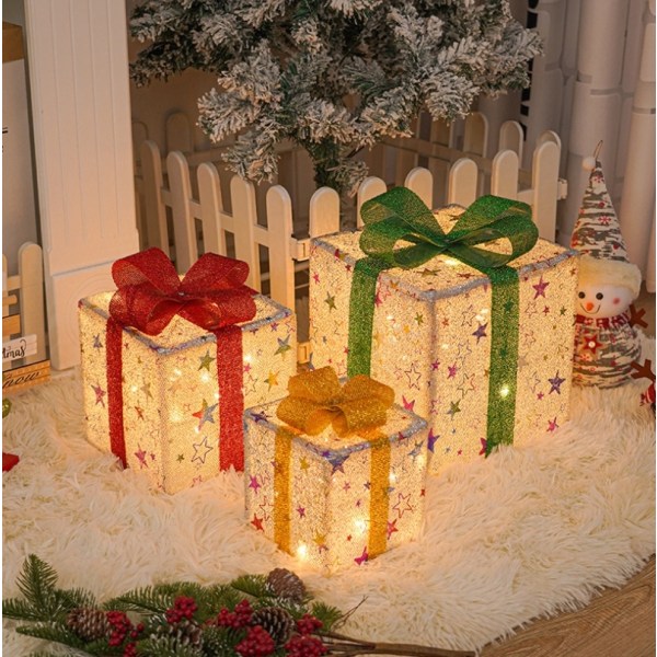 Set med 3 julbelysta presentförpackningar, varmt ljus för inredning av hemmet inomhus Style1