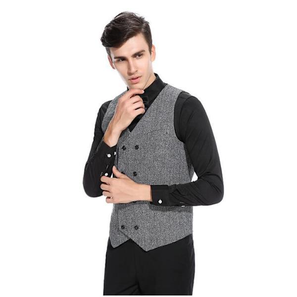 Slim Fit ärmlös kostymväst för män Dubbelknäppt affärsklänning väst grey L