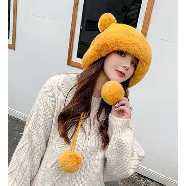 Dames Vinter Fluffy Knit Beanie Yellow