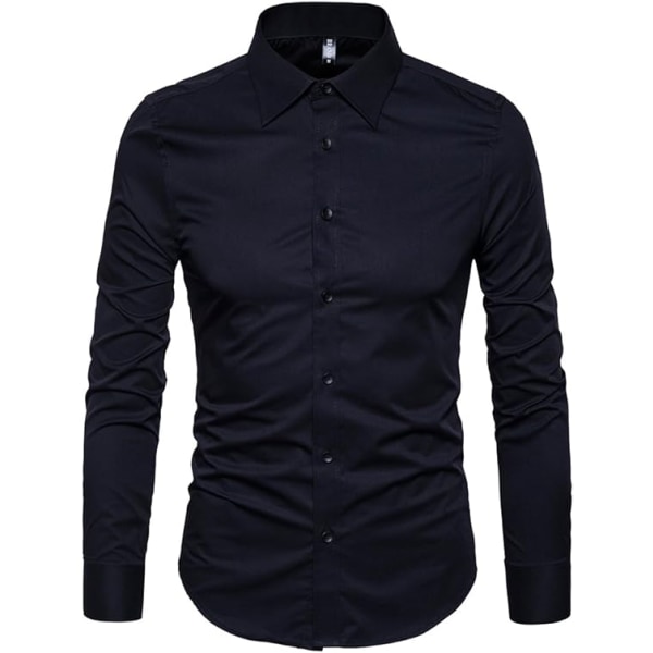 Mænds Slim Cotton Langærmet Knappet Skjorte Black 2XL