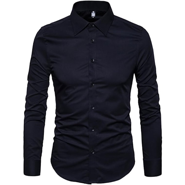 Miesten Slim Cotton Pitkähihainen Napit-Paita Black M