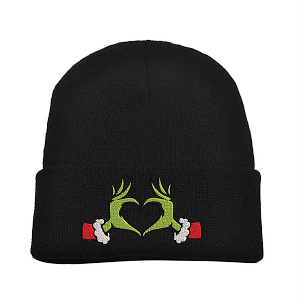 Broderad Beanie med Kant, Rolig Hatt, Varma Julhatt Black 1