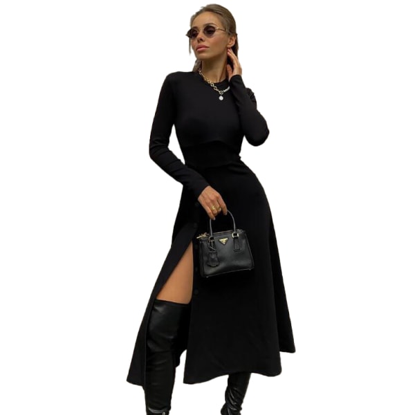 Långärmad Slim Split Midi-klänning för kvinnor black L