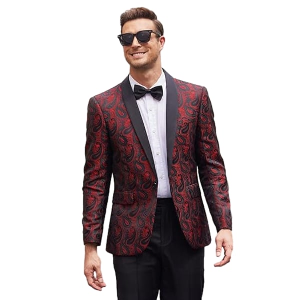 Mænds Blomster Tuxedo Jakke Paisley Sjal Lapel Blazer Jakke Red 3XL