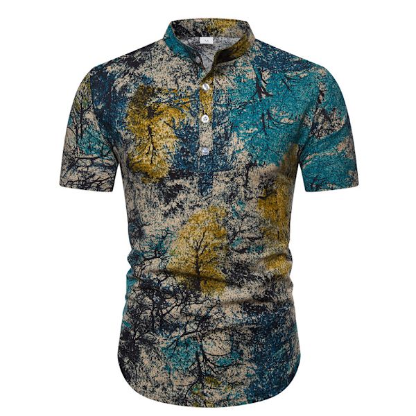 Män's T-shirt med Stående Krage, Kortärmad, Blommig, Casual Blue M