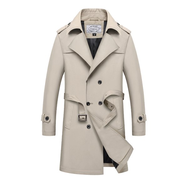 Miesten Slim Fit Kaksoisrintainen Vyöllä Varustettu Tuulenpitävä Takki Khaki M