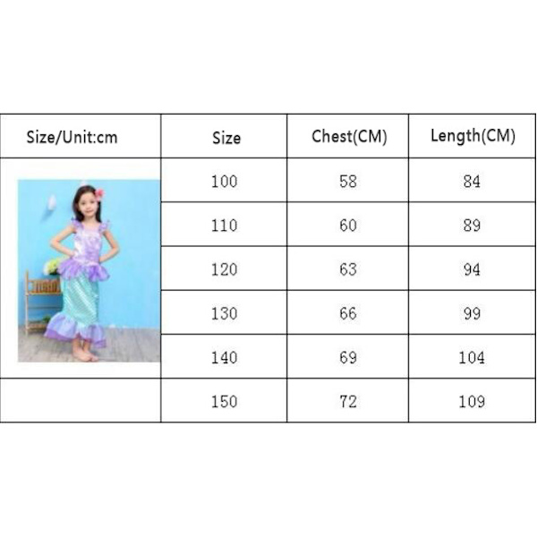 Jentekjole med havfrueprinsesse-design og gratis tilbehør 140CM