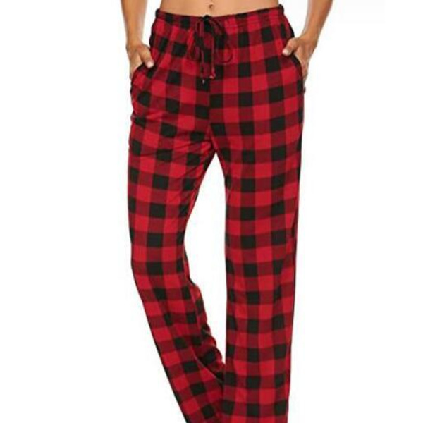 Naisten vyötäröllä nyörillä säädettävät ruudullinen pyjamahousut Red M