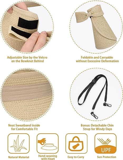 Kvinders Foldbare Halm Solskærme Bredbremmet Strandhatte Beige