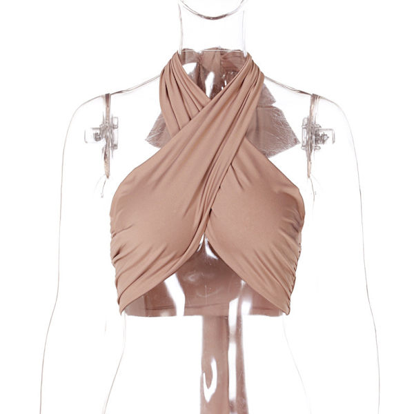 Sleeveless Cross Self Tie Backless Crop Top för kvinnor Khaki
