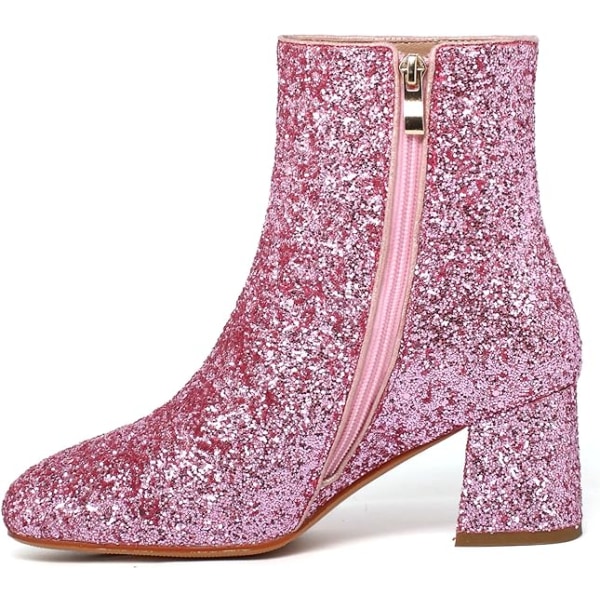 Kvinders Sequins Glitter Chunky Hæl Ankelstøvler Pink 39