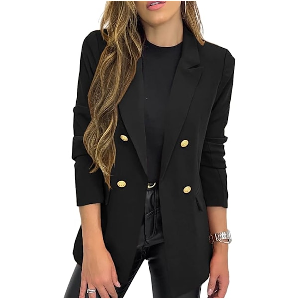 Dame Blazerjakke i Ensfarvet Casual Langærmet med Rever og Knapper Black L