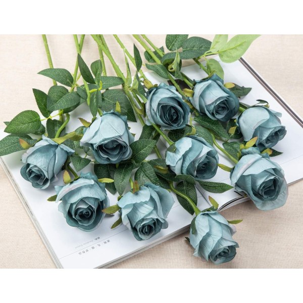 10 stk Kunstige Roseblomster Lange Stilker Kunstige Silke Roser Peacock Blue