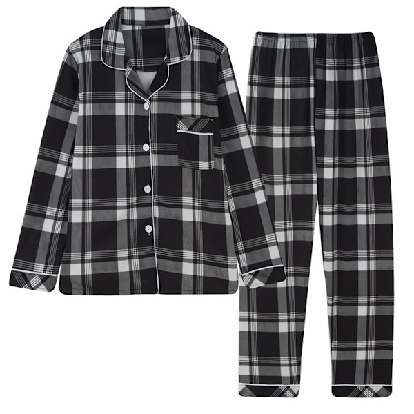 Mælkesilke Langærmet Dame Plaid Skjorte Pyjamas Black M