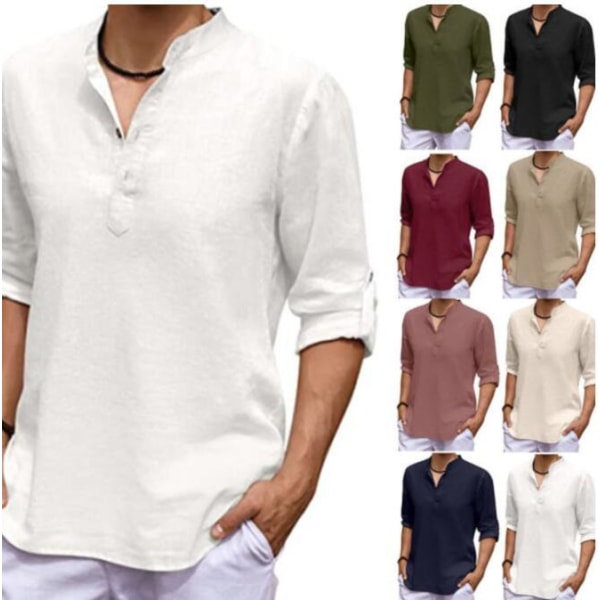 Herrskjorta i bomullslinne med knytknapp på mitten av ärmen Khaki XL