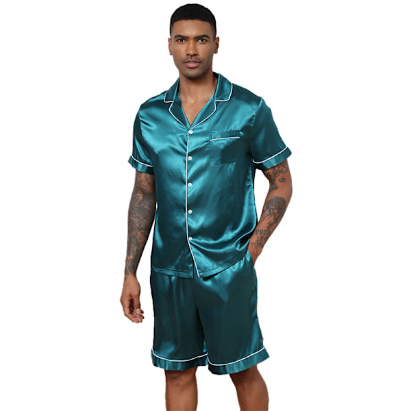Män Satin Pyjamas Set 2 Delar Loungewear Knapp-Ner Pjs Set green M