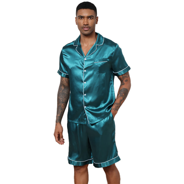 Men Satin Pyjamas Set 2 st Loungewear Button Down Pjs Set green S