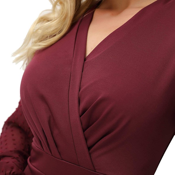Kvinners Kjole Lang Erme Wrap V-Hals Bodycon Business Kjole Wine Red M