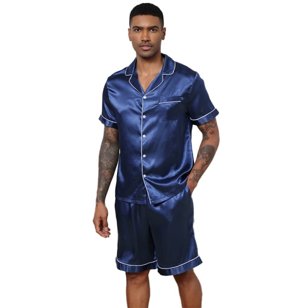 Men Satin Pyjamas Set 2 st Loungewear Button Down Pjs Set navy blue S