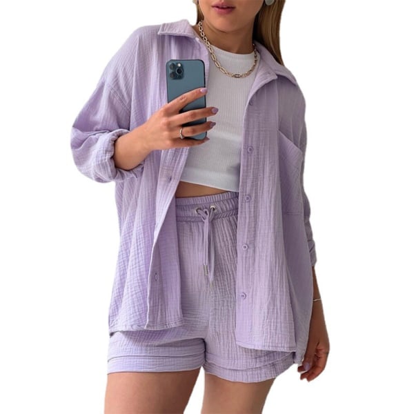 Dam 2-delad byxa set Linne Shirtort set Light Purple L