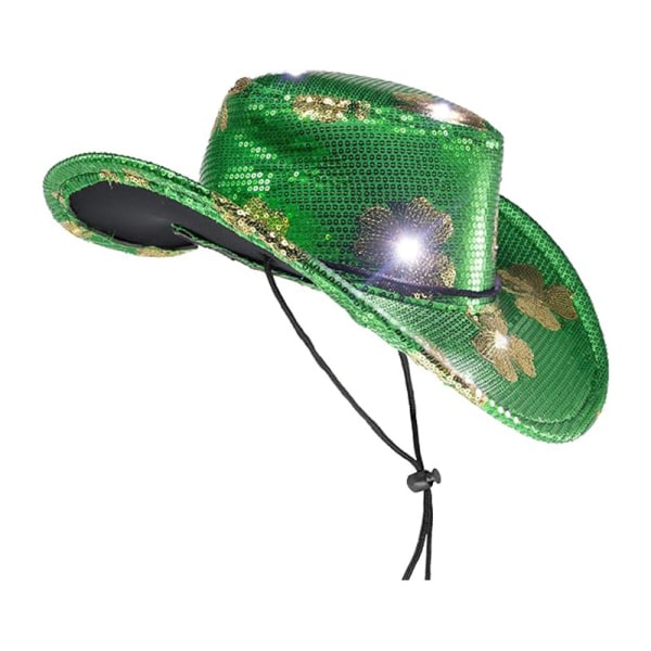 LED Light Up Shamrock St Patrick's Cowboyhatt för män och kvinnor Green