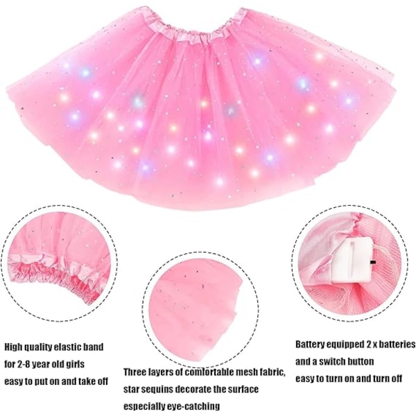 Piges LED-Skørt Lysende Tutu Glød Tulle Danseskørter Pink