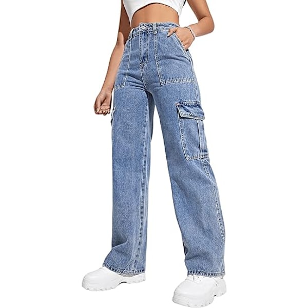 Kvinnors hög midja cargobyxor med ficka med breda ben i denim XL