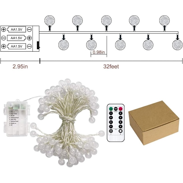 Maailmapallo-tähtivalot paristoilla, 33 jalkaa, 80 LED-valoa, kaukosäätimellä