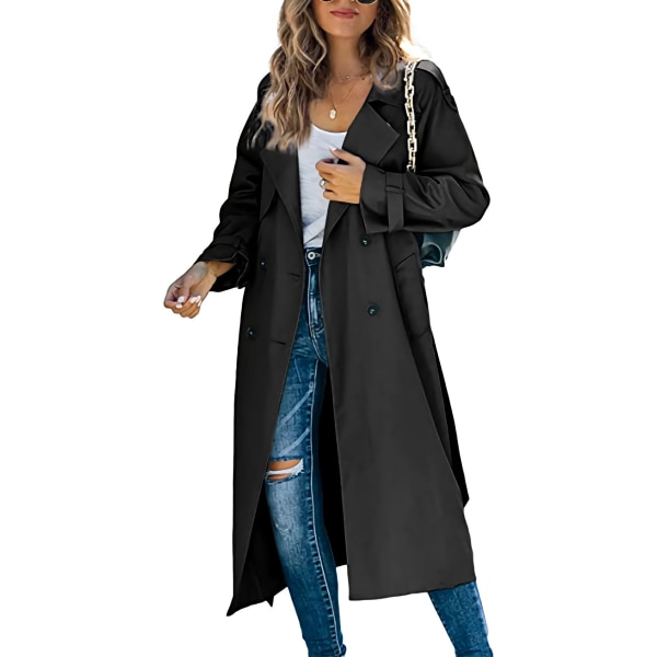 Dame Lang Dobbeltbrystet Trenchcoat, Vindtæt Klassisk Lapel Slank Overfrakke BLACK 2XL