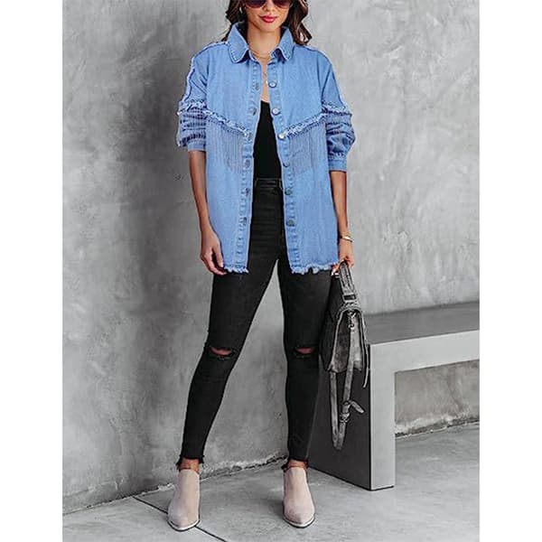 Avslappnad Denimjacka med fransar för kvinnor Light Blue L