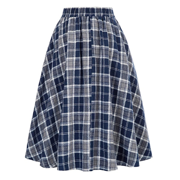 Naisten Ruudullinen Hame, Korkea Vyötärö, A-Linjainen, Pliseerattu Midi-Hame Blue 2XL