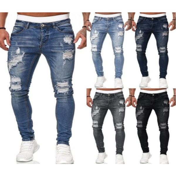 Ripped jeans för män Slim Fit Stretch Denim Byxor black M