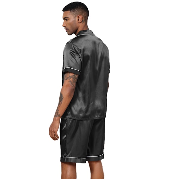 Män Satin Pyjamas Set 2 Delar Loungewear Knapp-Ner Pjs Set black L