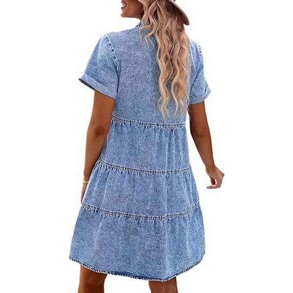 Kvindes Kortærmet Knaplåst Flydende Lagdelt Babydoll Denim Kjole Grey XL