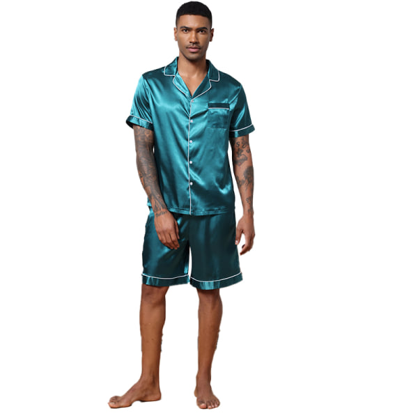 Men Satin Pyjamas Set 2 st Loungewear Button Down Pjs Set green 2XL
